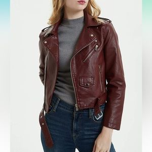 Wine red faux leather coat